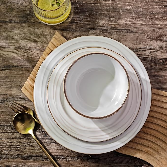 GBHOME Ceramic Dinnerware Sets,18 pcs Embossed Elegant Stoneware Plates and Bowls Sets, Housewarming Wedding Gift | Dishwasher &amp; Microwave Safe | Dishes Set Service for 6