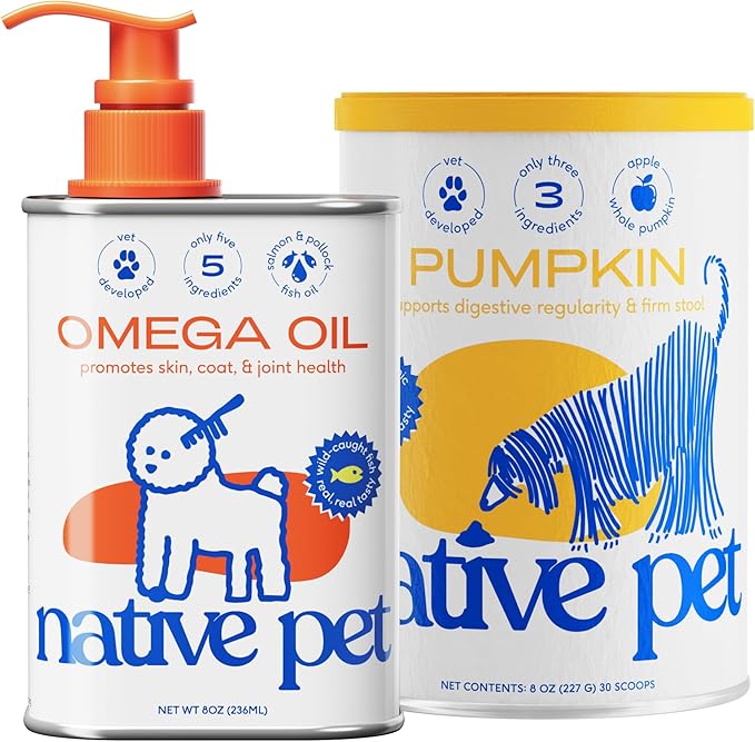 Native Pet Omega Oil for Dogs &amp; Pumpkin for Dogs | Dog Fish Oil Supplements | All-Natural, Organic Pumpkin Fiber for Dogs | 8 Oz. Omega Oil &amp; Pumpkin Powder
