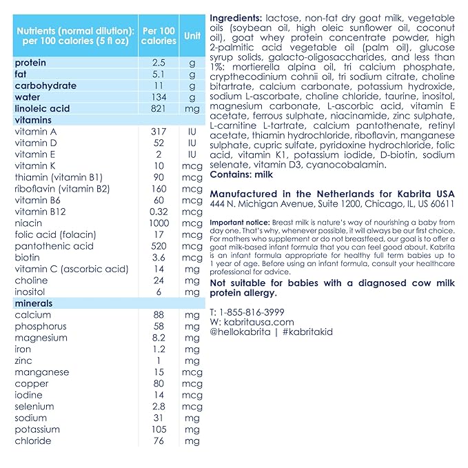 Kabrita Goat Milk Infant Formula - Easy to Digest Baby Formula 0-12 Months - Contains Prebiotics, Iron, DHA, Non-GMO - Gentle on Sensitive Tummies - Formula Supporting Gut Health &amp; Sleep - 28Oz