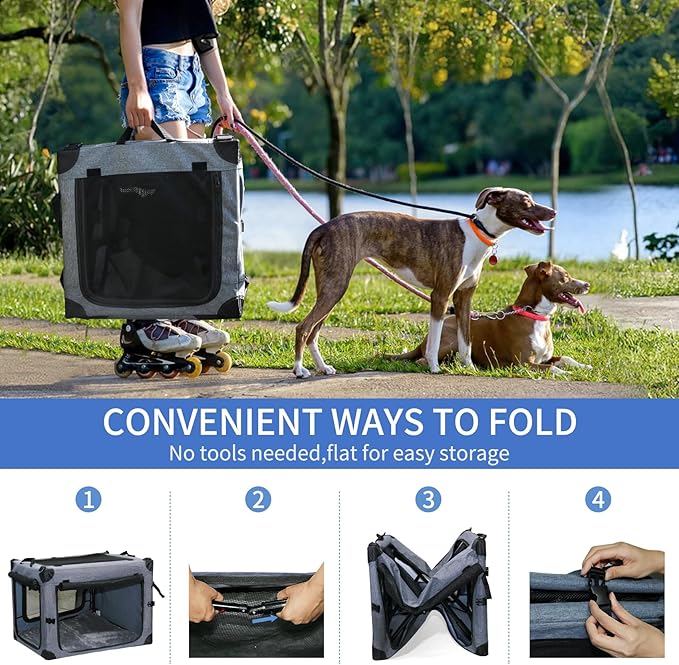 NEZUC Soft Collapsible Dog Crate - 24 Inch Portable Soft Sided Travel Dog Crates for Small Dogs, 4-Door Foldable Dog Carrier, Pet Kennel Indoor &amp; Outdoor (Gray, 24.0" L x 17.0" W x 17.0" H)