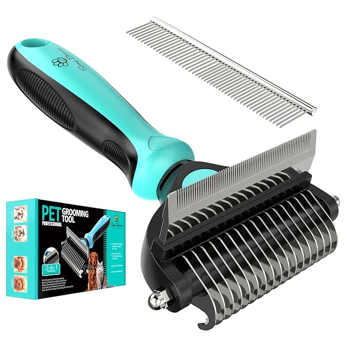 Spring Blossoms-2 in 1 Professional Grooming Rake for Cats &amp; Dogs-Dematting Comb for Easy Mats &amp; Tangles Removing,Pet Brush Safe No More Nasty Shedding and Flying Hair (Cyan)