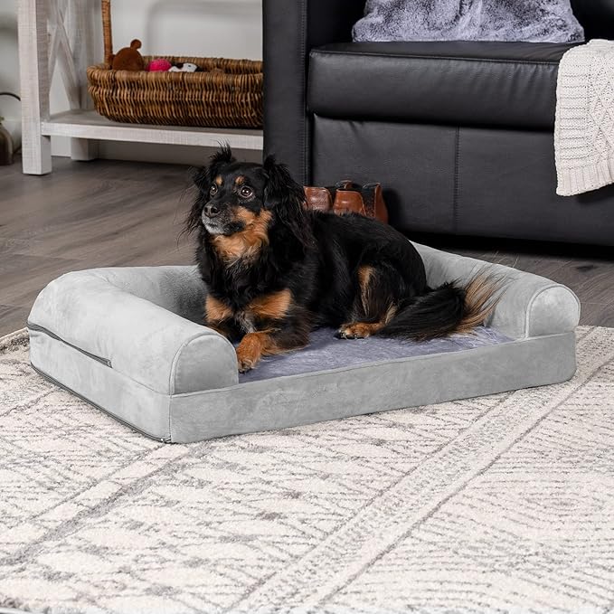 Furhaven Orthopedic Dog Bed for Medium/Small Dogs w/ Removable Bolsters &amp; Washable Cover, For Dogs Up to 35 lbs - Faux Fur &amp; Velvet Sofa - Smoke Gray, Medium