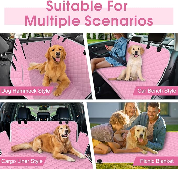 Waterproof Dog Car Seat Cover for Back Seat - Durable, Scratch Proof Pet Hammock with Nonslip Design &amp; Storage Pockets, Fits Cars, SUVs, Trucks - S, Pink/Grey