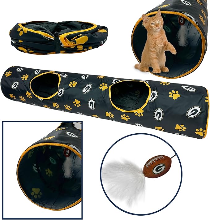 NFL Green Bay Packers Cat Tunnel Tube Toy with Plush Football Catnip and Feathers Collapsible Tunnel for Cats to Play, Peek and Hide, Sporty &amp; Fun Cat Tunnel Toy with Team Logo All-Over Design!