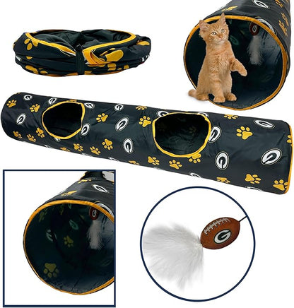 NFL Green Bay Packers Cat Tunnel Tube Toy with Plush Football Catnip and Feathers Collapsible Tunnel for Cats to Play, Peek and Hide, Sporty &amp; Fun Cat Tunnel Toy with Team Logo All-Over Design!
