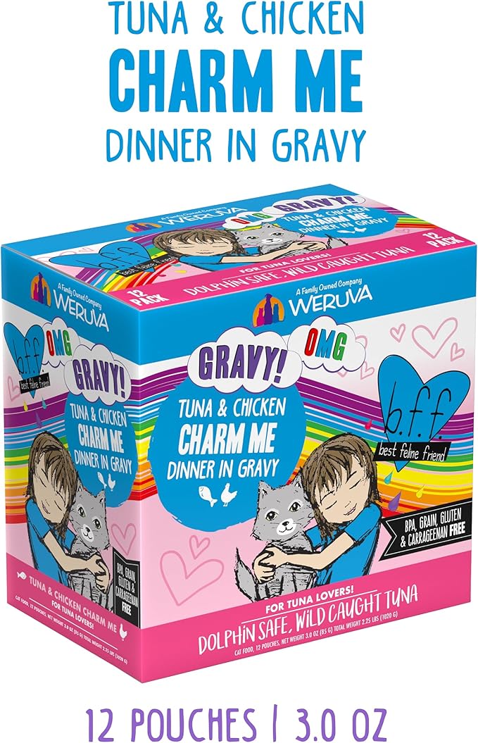 Weruva B.F.F. OMG - Best Feline Friend Oh My Gravy! Tuna &amp; Chicken Charm Me with Tuna &amp; Chicken in Gravy Cat Food, 3oz Pouch (Pack of 12)