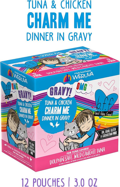 Weruva B.F.F. OMG - Best Feline Friend Oh My Gravy! Tuna &amp; Chicken Charm Me with Tuna &amp; Chicken in Gravy Cat Food, 3oz Pouch (Pack of 12)