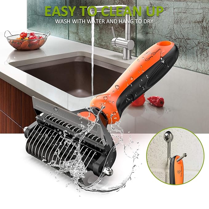 Spring Blossoms-2 in 1 Professional Grooming Rake for Cats &amp; Dogs-Dematting Comb for Easy Mats &amp; Tangles Removing,Pet Brush Safe No More Nasty Shedding and Flying Hair (Orange)