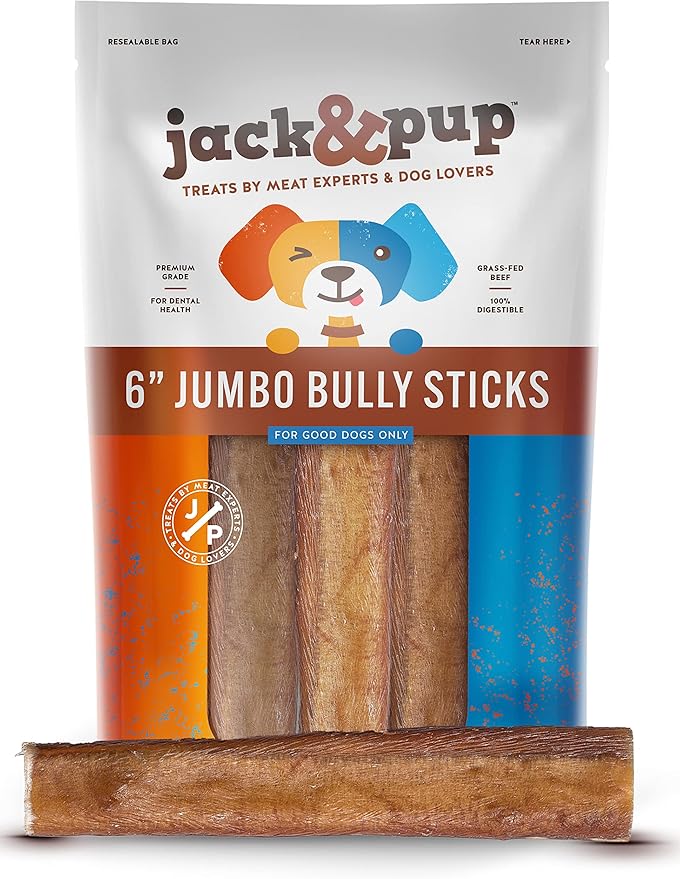 Jack&amp;Pup 6-inch Pizzle Sticks for Dogs (3 Pack) All Natural Jumbo Bully Sticks | Single Ingredient, Long Lasting Bully Sticks for Medium Dogs