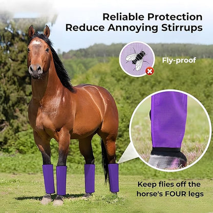 Mesh Horse Fly Boots Set of 4，Adjustable and Universal Loose Fitting &amp; Non-Slip Horse Fly Leggings for Horses,Reduce Stressful Stomping (Purple)