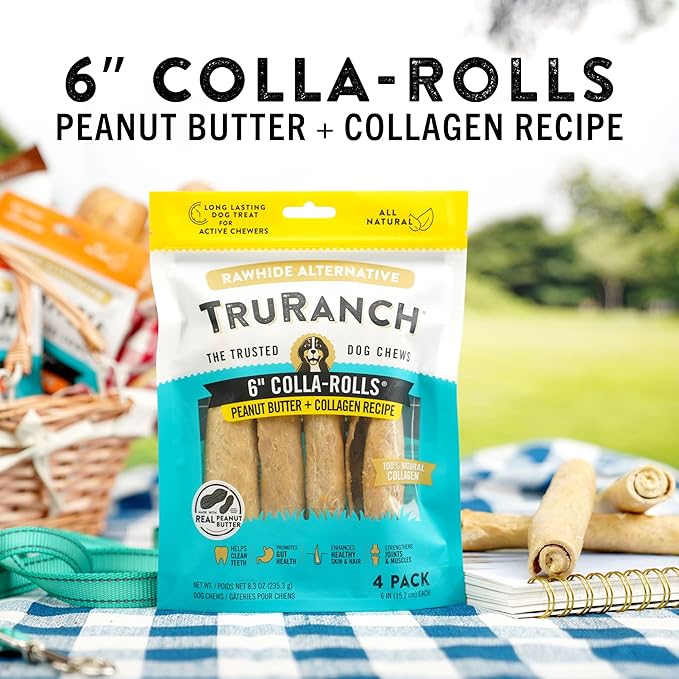 Collagen Rolls - 6" Collagen Rolls for Dogs - Long Lasting Healthy Joint Support - Rawhide Alternative - Skin &amp; Coat Health - Made with Real Peanut Butter, Value Pack, 15 Bags, 60 Count