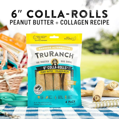 Collagen Rolls - 6" Collagen Rolls for Dogs - Long Lasting Healthy Joint Support - Rawhide Alternative - Skin &amp; Coat Health - Made with Real Peanut Butter, Value Pack, 15 Bags, 60 Count