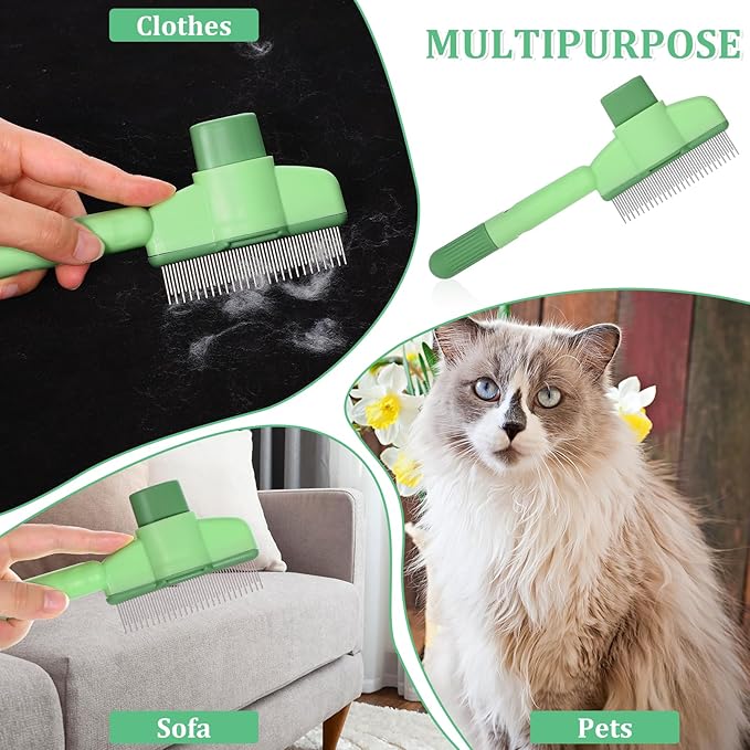 Flea Comb for Cats Dogs Brush for Shedding with Release Button Fine Tooth Pet Hair Removal Comb with Long &amp; Short Stainless Steel Teeth for Deshedding Self-Cleaning Brush for Cat Dog Small Pets