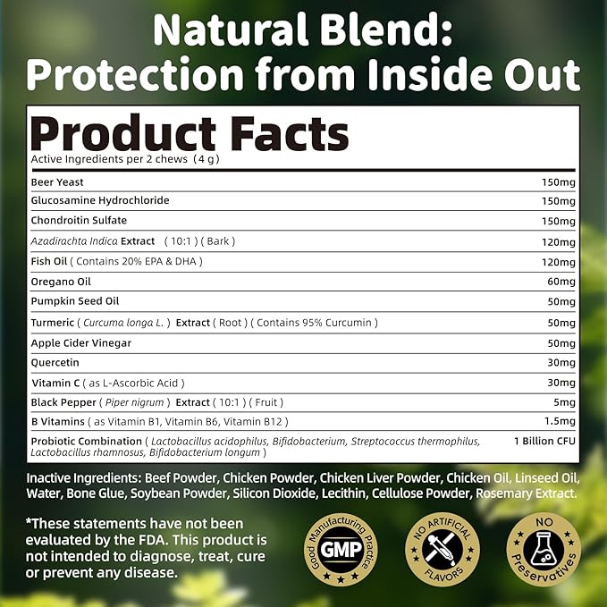Dog Flea and Tick Support Chewable, Natural Dog Flea Comfort Supplement, Oral Chews with Neem, Oregano Oil, Pumpkin Seed Oil &amp; Brewer&