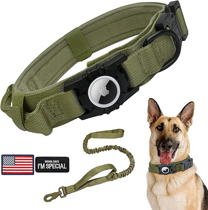 Tactical AirTag Dog Collar Leash Set - Heavy Duty, Adjustable GPS Collar Compatible with Apple AirTag, with Holder &amp; Control Handle for Medium/Large Dogs [Green, XL]