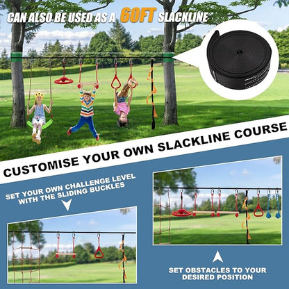 Slsy 60FT Ninja Warrior Obstacle Course (13 Obstacles), Ninja Slackline Kit for Kids, Durable Playset Equipment with 13 Most Complete Set-Monkey Bar,Swing, Balance Belt, Climbing Ladder &amp; Net