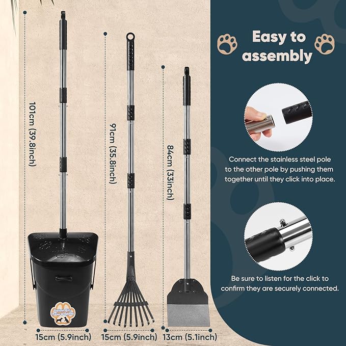 Stainless Steel Dog Pooper Scooper,40" Long Handle Swivel Bin, Rake and Spade,20 Waste Bags &amp; Hook - Heavy Duty Portable Metal Poop Scooper for Large,Medium and Small Dogs