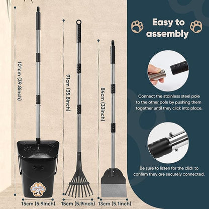 Stainless Steel Dog Pooper Scooper,40" Long Handle Swivel Bin, Rake and Spade,20 Waste Bags &amp; Hook - Heavy Duty Portable Metal Poop Scooper for Large,Medium and Small Dogs
