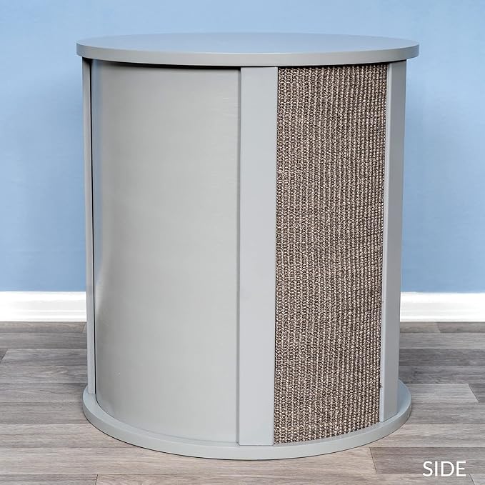 THE REFINED FELINE Purrrrfect End Table Cat Bed Cave in Smoke Gray, Multipurpose Wood Cat Furniture Nightstand, Easy to Clean Covered Cat Bed with Replaceable Scratching Post &amp; Washable Cushion