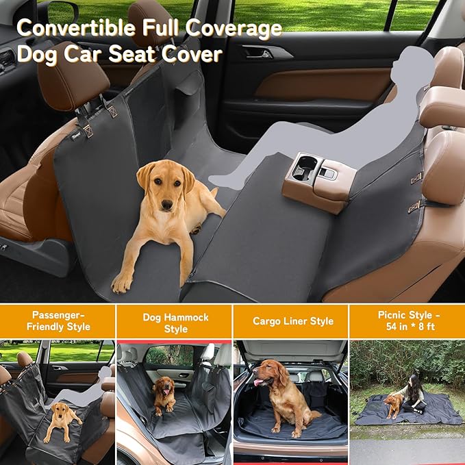Full-Coverage Dog Seat Cover for Back Seat, 600D Ripstop Dog Hammock for Car,100% Waterproof CarSeat Protector, Suv Cargo Liner for Dogs, Armrest&amp;Child Car Seat Accessible,Install Once,Stay Put