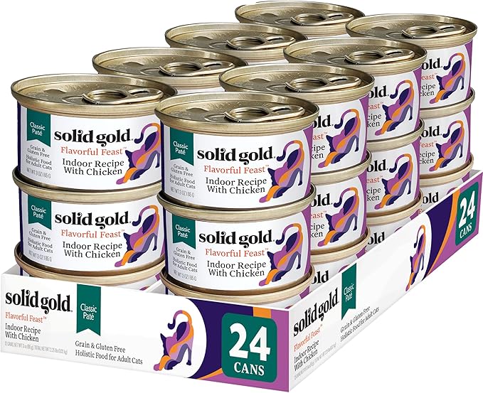 Solid Gold Wet Cat Food Pate for Indoor Cats - Healthy Canned Cat Food Pate w/Real Chicken, Omega Fatty Acids, Vitamins &amp; Minerals - Grain Free &amp; Gluten Free Can Meals for Cats &amp; Kittens - 24ct/3oz