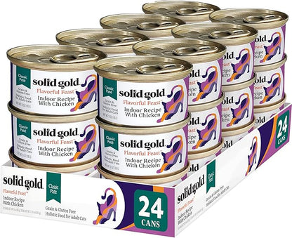 Solid Gold Wet Cat Food Pate for Indoor Cats - Healthy Canned Cat Food Pate w/Real Chicken, Omega Fatty Acids, Vitamins &amp; Minerals - Grain Free &amp; Gluten Free Can Meals for Cats &amp; Kittens - 24ct/3oz