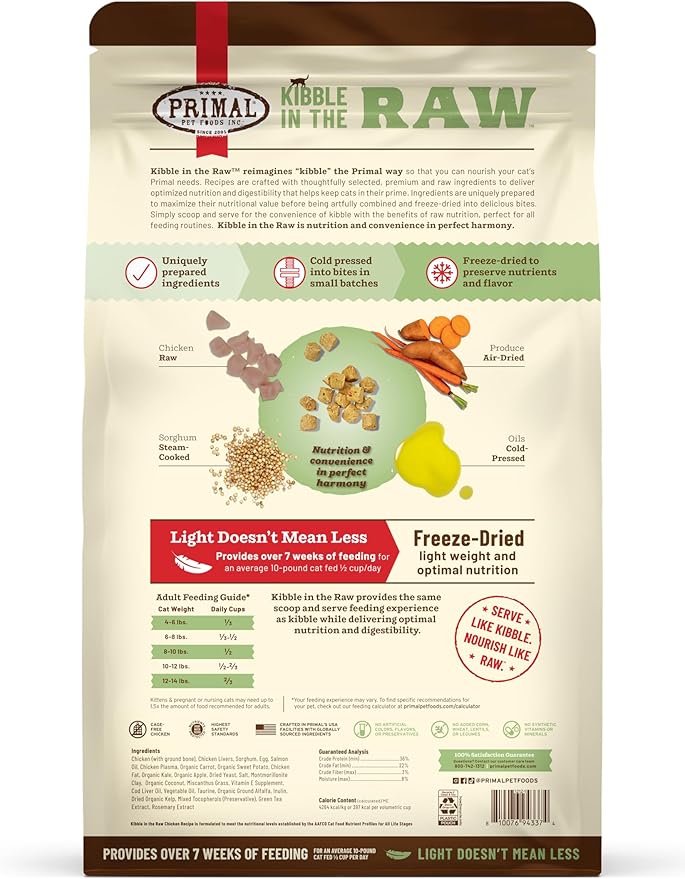 Primal Kibble in The Raw, Freeze Dried Cat Food, Chicken, Scoop &amp; Serve, Made with Raw Protein, Whole Ingredient Nutrition, Crafted in The USA, Dry Cat Food, 64 Ounce (4 lb) Bag