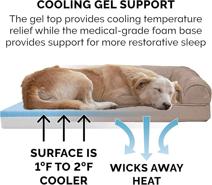Furhaven Cooling Gel Dog Bed for Large Dogs w/ Removable Bolsters &amp; Washable Cover, For Dogs Up to 125 lbs - Plush &amp; Suede Sofa - Almondine, Jumbo Plus/XXL