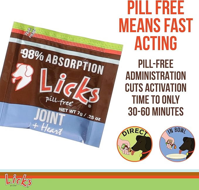 Licks Pill-Free Dog Joint and Heart - Glucosamine &amp; Omega 3 Fish Oil Supplement for Dogs - Inflammation Supplements for Joint Support - Gel Packets - 30 Use