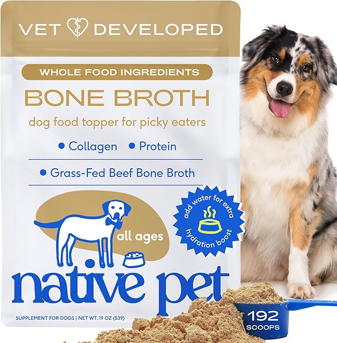 Native Pet Bone Broth for Dogs and Cats - Made with Real Beef Bone Broth, Dog Food Toppers for Picky Eaters- Provides Extra Hydration &amp; Nutrition for Joint Strength, Immunity &amp; Heart Health-192 Scoops