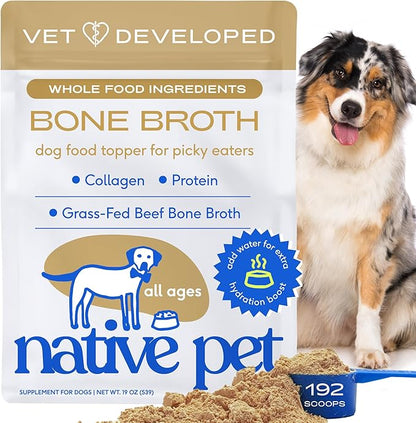 Native Pet Bone Broth for Dogs and Cats - Made with Real Beef Bone Broth, Dog Food Toppers for Picky Eaters- Provides Extra Hydration &amp; Nutrition for Joint Strength, Immunity &amp; Heart Health-192 Scoops