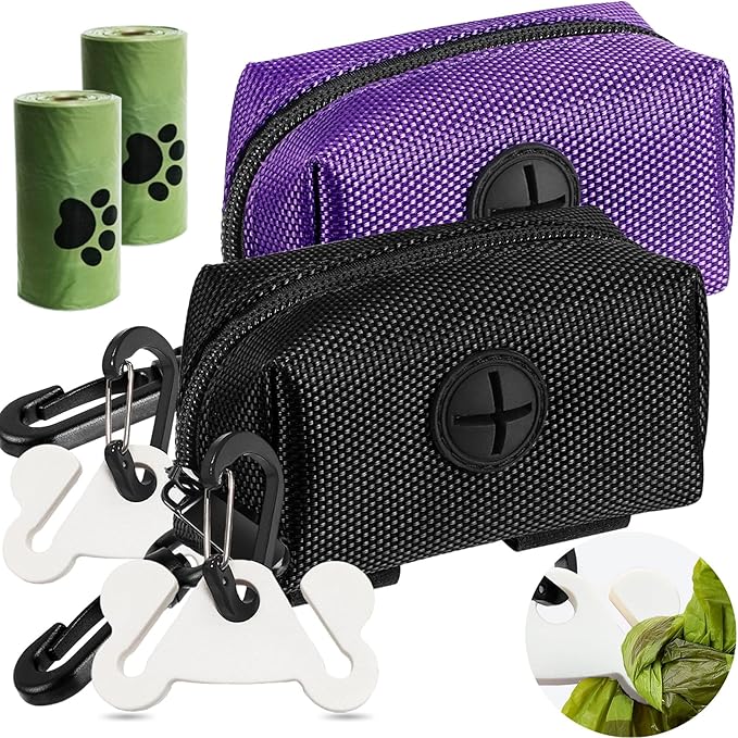 2Packs Dog Waste Bag Dispenser Pet Poop Bags Holder for Doggie Waste Bags Dispensers Soft Fabric Zipper Small Doggy Puppy Pouch for Leash Accessory Attachment with Carrier (Black &amp; Purple)