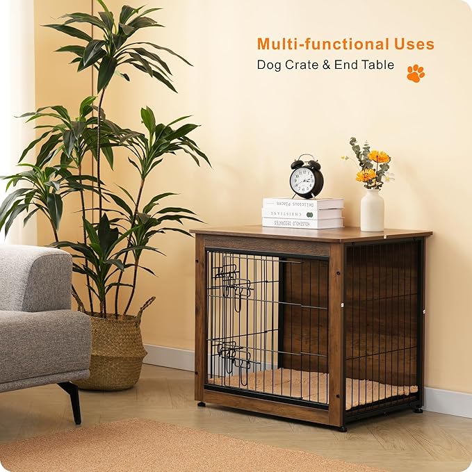 DWANTON Dog Crate Furniture with Cushion, Wooden Kennel Table with Double Doors, Indoor Dog House, Small/Medium/Large Size, 27.2" L, Warm Brown