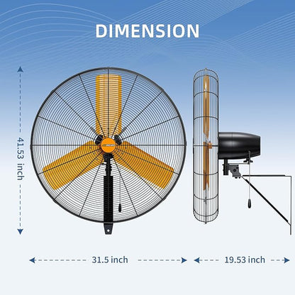 30 inch Oscillating High Velocity Wall Mount Fan, 8550 CFM Industrial Heavy Duty Metal Wall Fans, 3 Speeds, Adjustable Height and Tilt, Commercial Shop Fan for Garage, Workshop