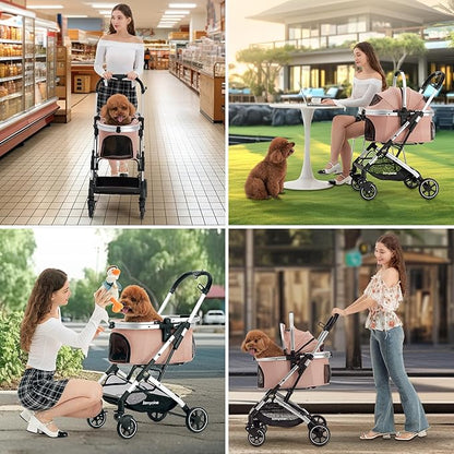 Kenyone 3-in-1 Pet Stroller for Small Medium Dogs Puppy Cat Stroller with Detachable Carrier &amp; Pad Lightweight Foldable Aluminum Alloy Frame Dual No-Zip Entry(Pink)