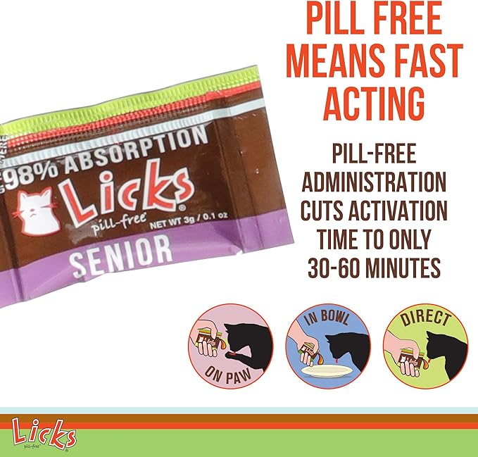 Licks Pill-Free Senior Cat - Joint Support &amp; Digestion Supplement for Senior Cats - Immunity Vitamins &amp; Heart Health Supplements for Older Cats - Gel Packets - 30 Use