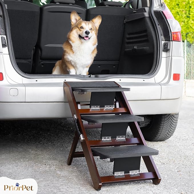 Dog Steps for Bed &amp; Couch 2-in-1 Dog Stairs/Ramp - Height Adjustable Dog Ramp for Couch 7” - 20” - Pet Stairs, Dog Stairs for Small Dogs - Easy to Move Pet Steps with Landing Platform, Walnut