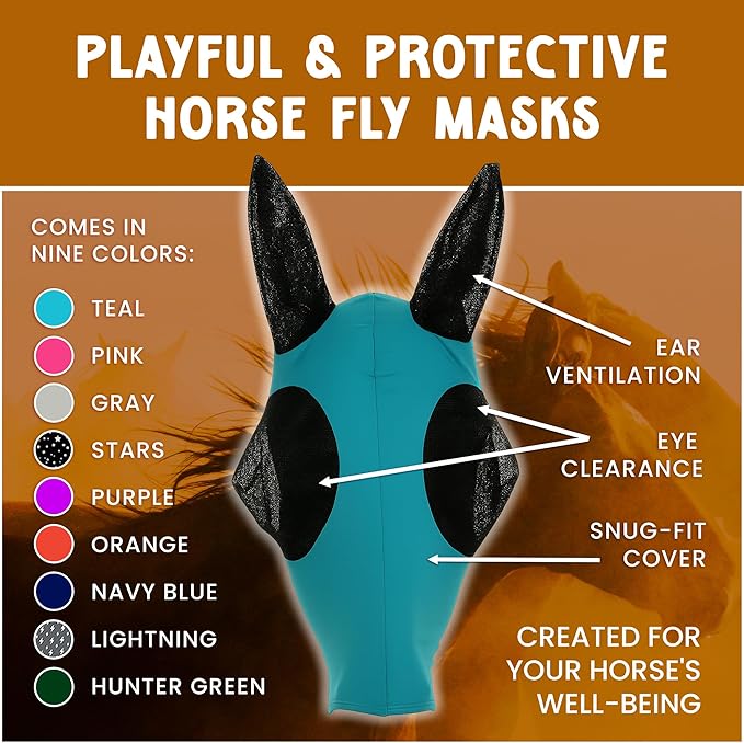 Horse Fly Mask - Arab Equine Fly Mask with Full Coverage for Eye &amp; Ear - Stretchable, UV &amp; Sun Protection Flymask for Horses, Ponies &amp; Mini Horses - Horse Face Cover for Pasture &amp; Trail - Orange