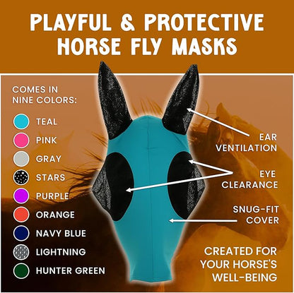 Horse Fly Mask - Arab Equine Fly Mask with Full Coverage for Eye &amp; Ear - Stretchable, UV &amp; Sun Protection Flymask for Horses, Ponies &amp; Mini Horses - Horse Face Cover for Pasture &amp; Trail - Teal