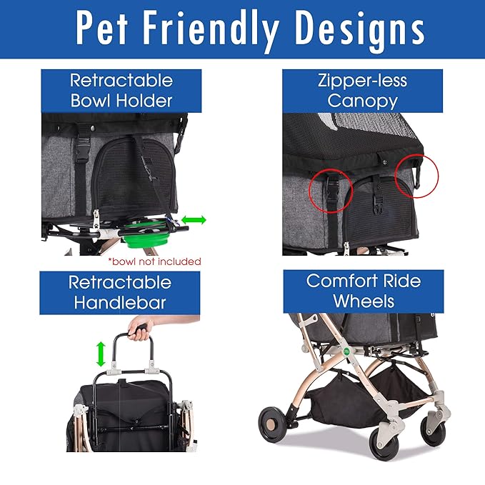 Lite Premium Light-Weight Dog/Cat/Pet Stroller Travel Carriage with Convertible Compartment/Zipper-Less Entry/1-Hand Quick Fold/Aluminum Frame for Small &amp; Medium Pets (Black 2nd-Gen.)