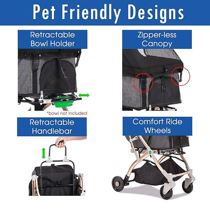 Lite Premium Light-Weight Dog/Cat/Pet Stroller Travel Carriage with Convertible Compartment/Zipper-Less Entry/1-Hand Quick Fold/Aluminum Frame for Small &amp; Medium Pets (Black 2nd-Gen.)