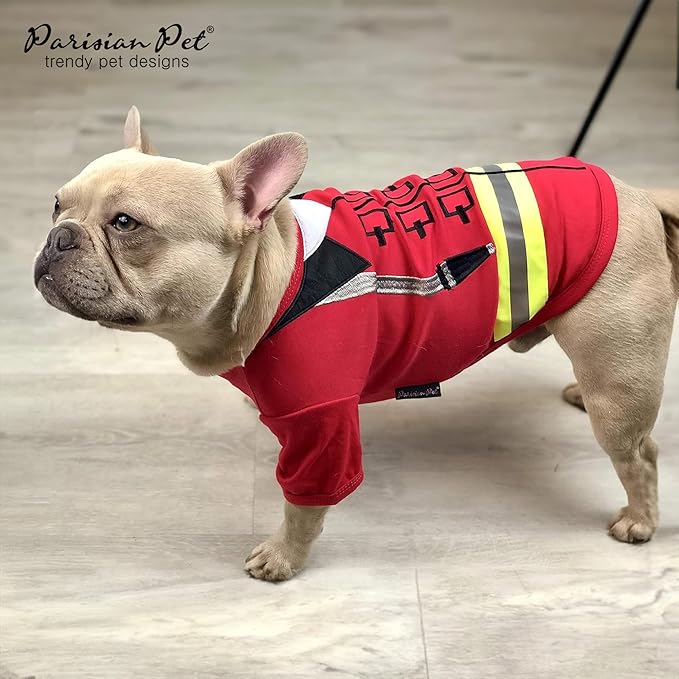 Parisian Pet Embroidered Firefighter Dog Costume - 100% Cotton &amp; Polyester - Sleeved - Red - Large - Lightweight