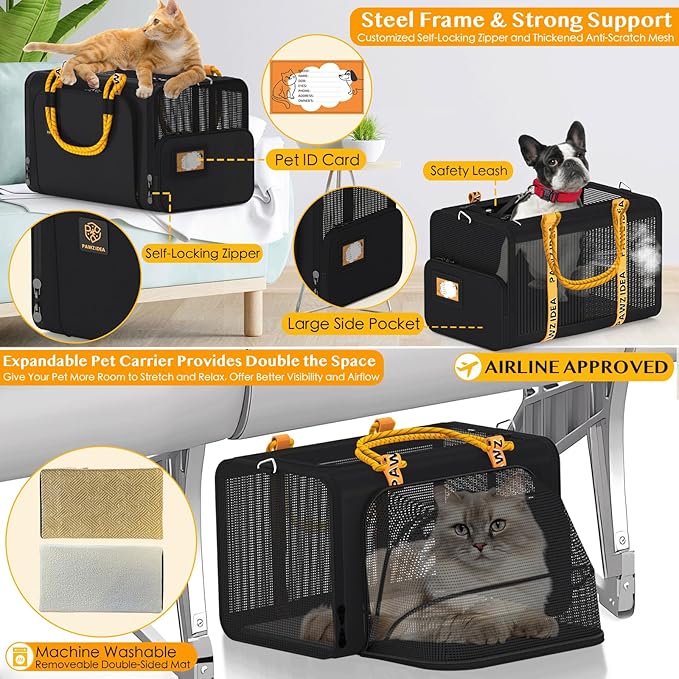 PAWZIDEA Double Pet Stroller with 2 Detachable Carriers, Portable Dog Crate for Car Travel &amp; TSA-Approved Expandable Cat Carrier, Foldable Lightweight Jogger Stroller for 2–4 Cats or Small/Medium Dogs