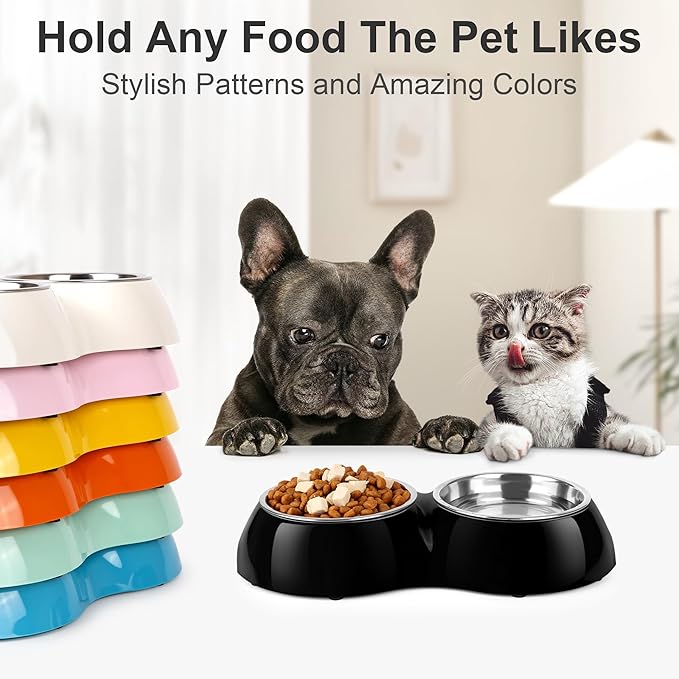 Stainless Steel Dog Bowls Set – Dual Non-Slip Pet Dishes with 2 Small (1 Cup*2) Bowls &amp; Durable Resin Stand – Food &amp; Water Feeder for Puppies, Cats, and Medium Dogs – Black