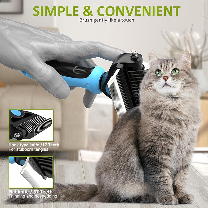 Spring Blossoms-2 in 1 Professional Grooming Rake for Cats &amp; Dogs-Dematting Comb for Easy Mats &amp; Tangles Removing,Pet Brush Safe No More Nasty Shedding and Flying Hair (Blue)