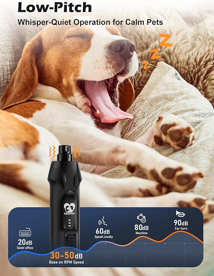 Casfuy 6-Speed Dog Nail Grinder – 50%+ Boost Power Dog Nail Trimmers Quiet with Dust Cap &amp; 2 LED Lights &amp; 2000mAh Battery &amp; 4.8V Motor Electric Pet Toenail File Tool for Large Medium Small Dogs Cats