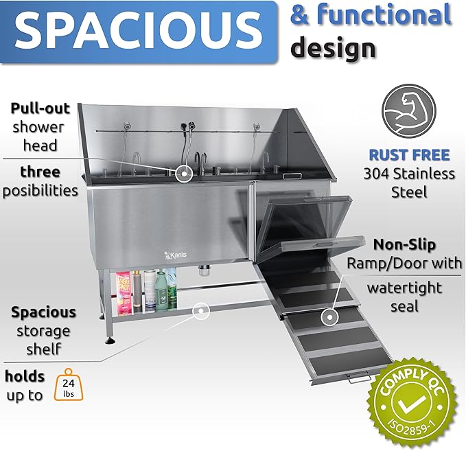 KANIS Professional Dog Washing Station - 304 Stainless Steel Pet Wash Sink &amp; Grooming Bath Tub for Home with Ramp, Shower, Floor Grate, Storage Shelf, Faucet, Drain Kit for Large, Medium &amp; Small Pets