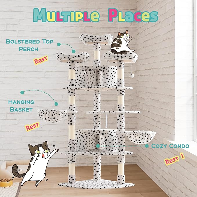 SHA CERLIN 73in Fan-Shaped Corner Cat Tower for Save Space/Multi-Level Tall Tree for Indoor Kitties/Condo with Baskets/Cozy Perches/Sisal Scratching Posts/Pet Activity House/White &amp; Black Spot