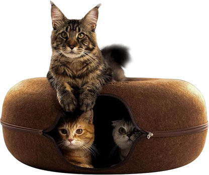 Cattasaurus Peekaboo Cat Cave for Multiple &amp; Large Cats Up to 30-45 Lbs, Scratch Detachable &amp; Washable Tunnel Bed, Comfy Donut Cat Cave (Brown, Jumbo)