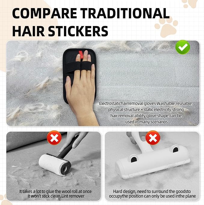 Pet Hair Remover, Reusable Electrostatic Pet Hair Remover Gloves – Double-Sided Grooming &amp; Deshedding Gloves for Cats &amp; Dogs, Pet Fur Removal for Furniture, Carpet, Couch &amp; Clothing -2 PCS
